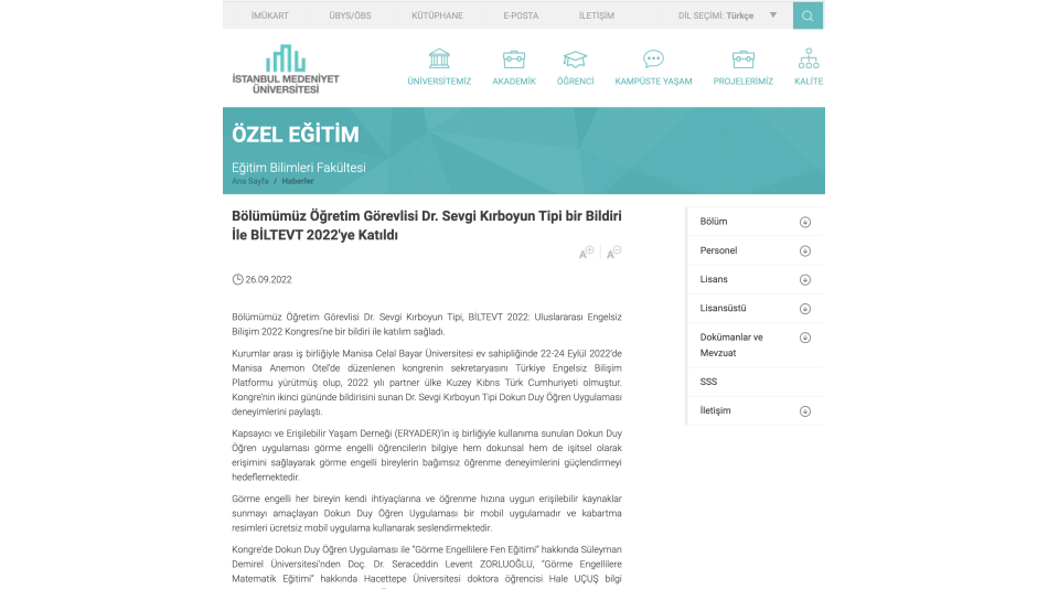 BİLTEVT 2022: Uluslararası Engelsiz Bilişim 2022 Kongresi’ne bir bildiri ile katılım sağladı